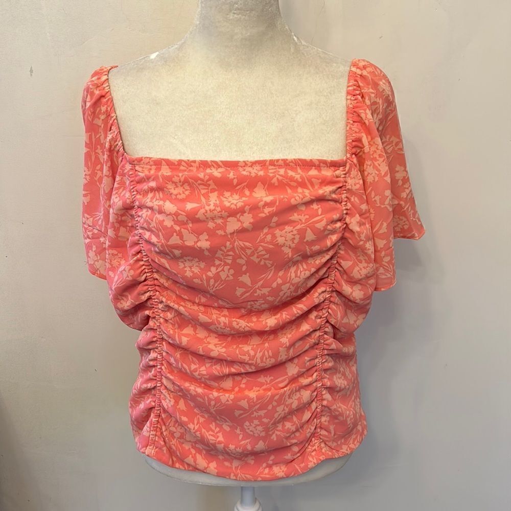 Lush pink floral ruched short sleeve blouse Size XL NWOT